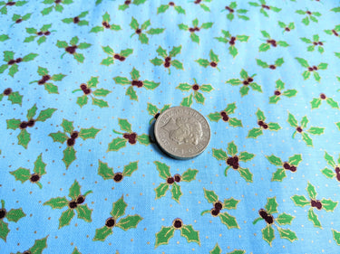 Turquoise Green Cotton Holly Berry Christmas Fabric, Festive Fabric, Holiday Fabric